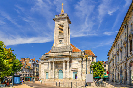 Eglise Saint-Pierre Saint Peter's Church building on Place du 8 Septembre square in Besancon old town center ville, BesanÃ§on city historic center with medieval buildings in sunny summer day, Franceの写真素材