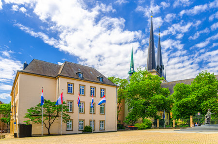 Notre-Dame Cathedral of Our Lady church, Ministry of State building and Grand Duchess Charlotte statue on Place de Clairefontaine square in Luxembourg City historical center Ville Haute districtの写真素材
