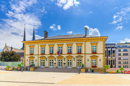 Luxembourg City Hall Stadhaus Stad Letzebuerg neoclassical style building on Place Guillaume II Knuedler town square in Luxembourg City historical center Ville Haute quarter in sunny summer dayの写真素材