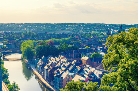 Namur cityscape, top aerial view of old town Namur city historical center, Sambre river with bridge and embankment, skyline horizon of Namur, Wallonia, Walloon Region, Belgiumの写真素材