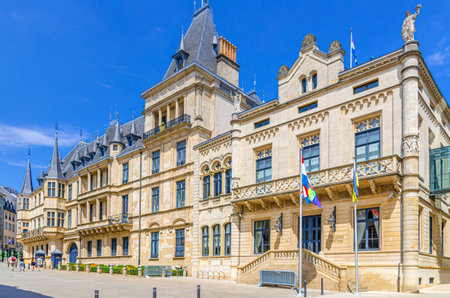 Grand Ducal Palace Groussherzogleche Palais Flemish Renaissance architecture style building in Luxembourg City historical center Ville Haute quarter in sunny summer day with blue skyの写真素材