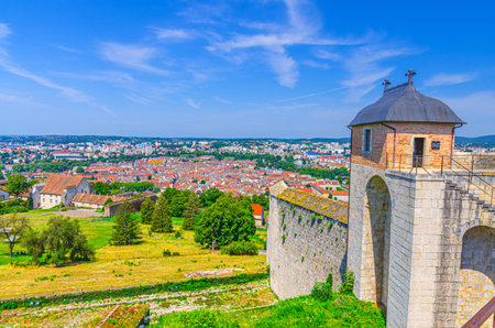 Aerial panoramic view of Besancon old town center ville La boucle, Panorama of BesanÃ§on city...