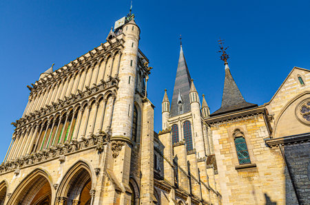 Eglise Notre-Dame of Dijon Roman Catholic church facade in old town city historical center in sunny...
