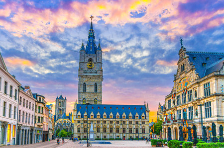 Belfry of Ghent Het Belfort van Gent medieval bell tower watchtower, Cloth hall Lakenhalle and Royal Dutch Theater on Saint Bavo square Sint-Baafsplein in Ghent city historical center, Belgiumの写真素材