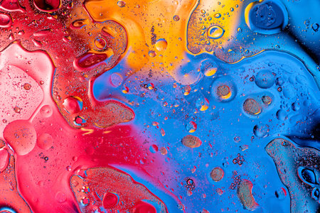 Beautiful close up of colored oil drops on water surface creating a mesmerizing psychedelic pattern...