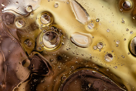 Deep brown and amber abstract macro photography of oil bubbles and fluid textures, creating a rich...