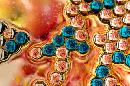 Stunning macro photography of dense colorful bubbles forming a honeycomb or mosaic pattern,...
