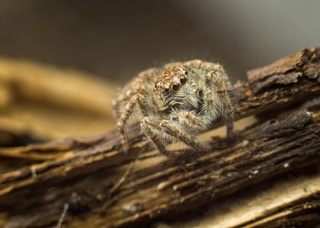 Close-up of a jumping spider on a piece of wood.
