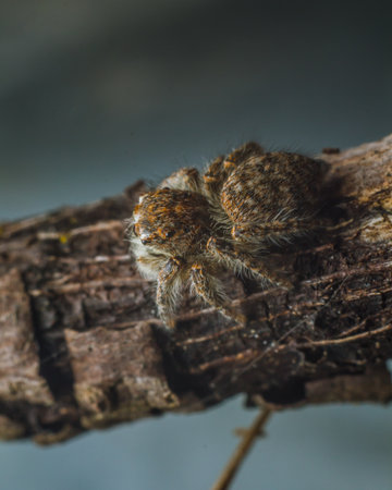 Close-up of a jumping spider on a tree branch.の写真素材