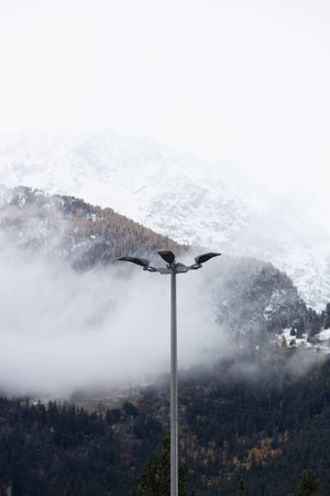 Streetlight against a misty mountain backdrop with autumn foliage.