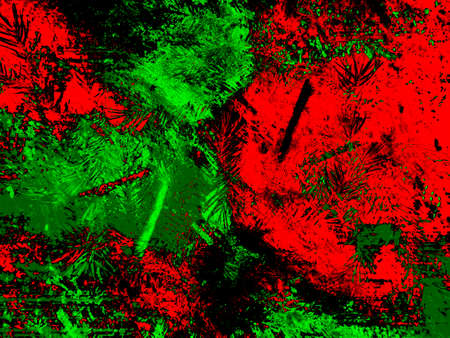 Coniferous spruce twigs are festively shimmering in green and red. Surreal wall painting in a modern style, 3D illustration. Art background for your wallpapers, projects and artworks for the new 2021の写真素材