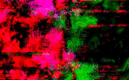 Coniferous spruce twigs festively shimmer with green, red and purple. Surreal wall painting in a...