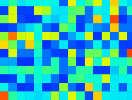 An abstract image in the form of squares, in a combination of red, orange, blue, cyan, green and...