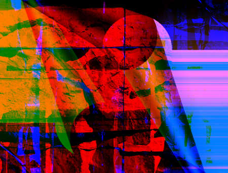 Abstract volumetric background with a spectacular combination of red, blue, yellow, green and black, with dark and light accents. A modern image for your art projects, illustrations and works.の写真素材