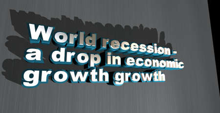 Voluminous text World recession - decline in economic growth. Spectacular blue and white titles, 3D illustration, on a gray background with dark shadows.の写真素材