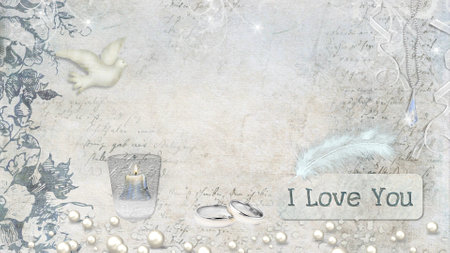 The composition is decorated with images of a dove, a burning candle, wedding rings and ribbons with pearls. A symbol of love, fidelity and peace.の写真素材