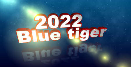 Text 2022 Year of the Blue Tiger. 3D illustration. White titles with a red border on a blue...