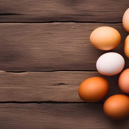 Chicken eggs on brown boards. Still life of red and white eggs for Easter. Still life photography with food, top view.の写真素材