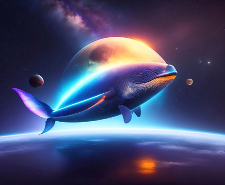 A large whale swims in space among the stars against the backdrop of the planet. Fantasy artistic illustration of a space whale. 3D rendering. Post-processed art image of a whale in space.の写真素材