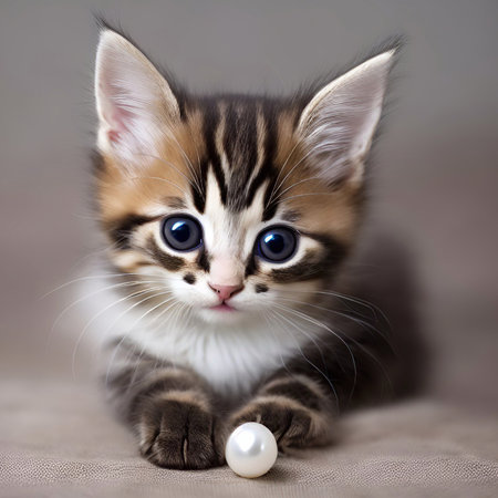 Fluffy cute kitten with a large pearl in the foreground. Gray-white kitten, with black stripes and with a pearl in its paws, close-up.の写真素材