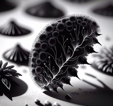 Bacteria under a microscope. A colony of microbes under a stereomicroscope. Close-up of black and white bacteria cells in a scientific laboratory.の写真素材