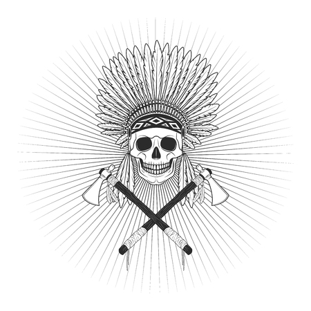 Injun with axe skull logo badge icon isolated on white backgroundのイラスト素材
