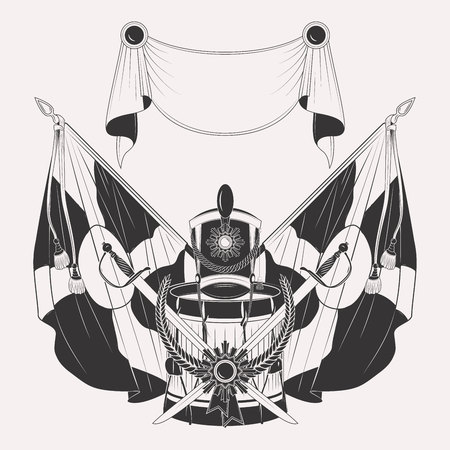 Composition of vintage military equipment, badge, emblem isolated on white backgroundのイラスト素材