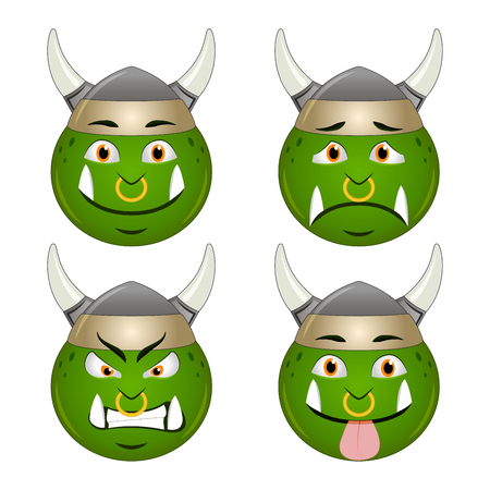 Orc smiley icon faces emotions sad angry sticking out tongue set, isolated on white backgroundのイラスト素材