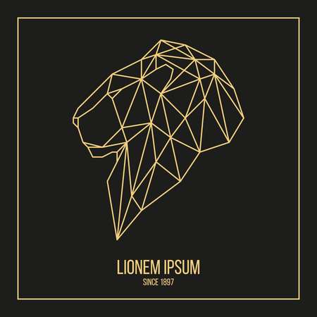 Golden logotype lion head geometric lines side view silhouette isolated on black background vintage design elementのイラスト素材