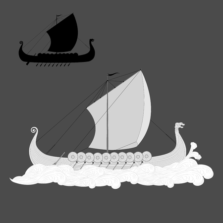 Viking longship in the sea gravure isolated silhouette on grey backgroundのイラスト素材