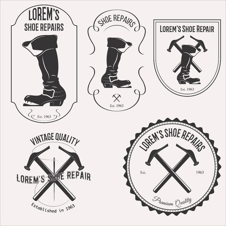 Vintage shoe repair set emblems, badges and design elements on white backgroundのイラスト素材