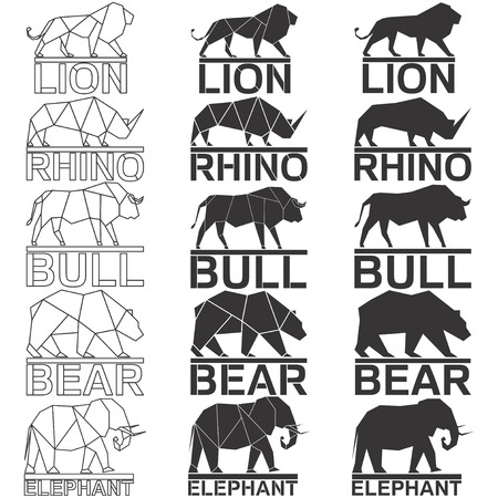 Animal logo set. Lion rhino rhinoceros bull bear elephant geometric lines silhouette isolated on white background vintage vector design element illustration setのイラスト素材