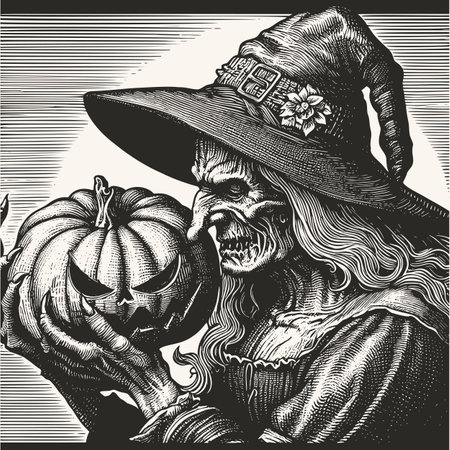 Halloween. Witch with pumpkin. Hand drawn vector engraving illustration.のイラスト素材