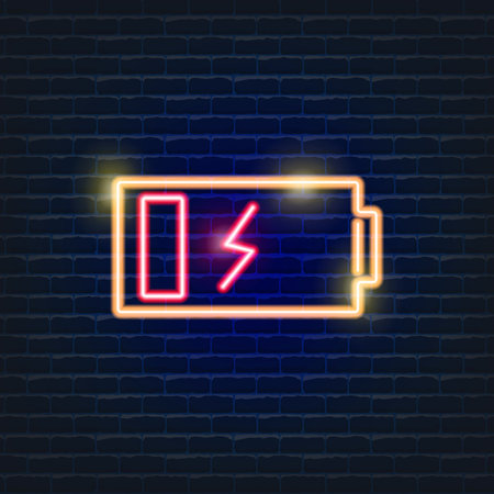 Ecology battery neon icon. Vector trendy colored sign. Eco friendly flat symbol. Glowing illustration sign for designのイラスト素材