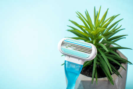Women razor and flower isolated on a blue background. Close-up. Beauty concept