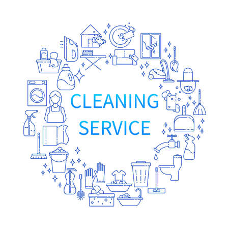 House cleaning service line art icon set. Vector illustration of flat signs in thin line style. Concept of Services for cleaning and laundryのイラスト素材