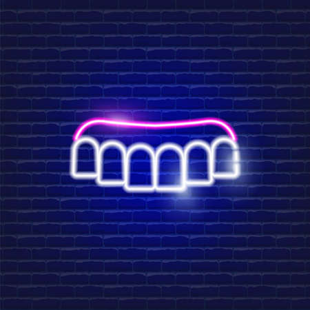 Removable dentures neon icon. Sign for dentistry clinic. Orthodontics conceptのイラスト素材