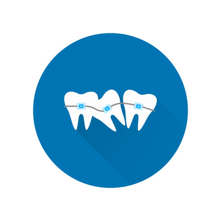 Teeth with ligature braces icon with long shadow. Orthodontics concept. Sign for dentistry clinicのイラスト素材