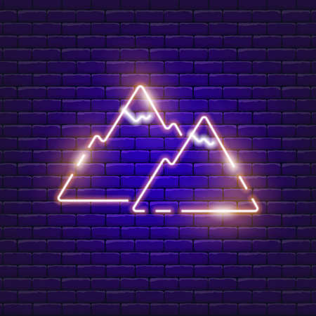 The mountains neon icon. Vector illustration for the design of advertising, website, promotion, banner, brochure, flyer. Concept of Hike, travel, campingのイラスト素材