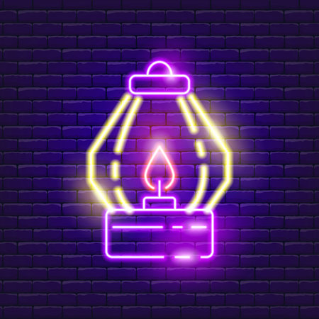Hiking lamp neon icon. Vector illustration for the design of advertising, website, promotion, banner, brochure, flyer. Concept of Hike, travel, campingのイラスト素材