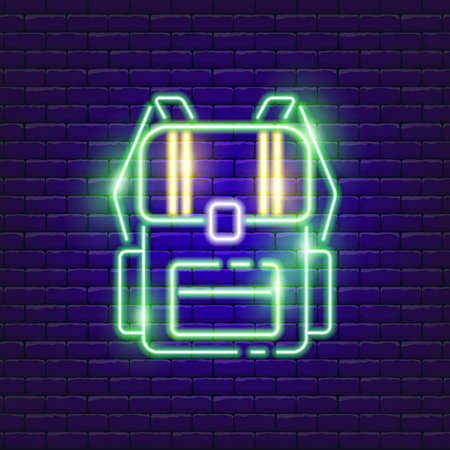 Camping backpack neon icon. Vector illustration for the design of advertising, website, promotion, banner, brochure, flyer. Hike, travel camping Conceptのイラスト素材