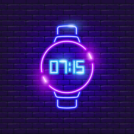 Smart watch neon icon. Vector illustration for the design of advertising, website, promotion, banner, brochure, flyer. Technology Conceptのイラスト素材