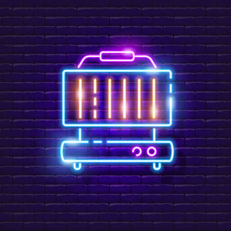 Home grill neon sign. Vector illustration for design. Kitchen appliances glowing icon. Food preparation, barbecue, grill, steak, partyのイラスト素材