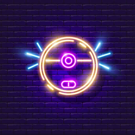 Robotic vacuum cleaner neon sign. Vector illustration for design. Cleaning equipment. Smart home conceptのイラスト素材