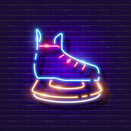 Hockey skates neon icon. Winter active outdoor leisure ice skates. Skate rental sign. Winter sports concept. Hockey symbolのイラスト素材
