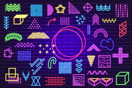 Neon Memphis geometric elements for design. Vector illustration for web, sale, posters, advertising, template, promotion. Glowing memphis signのイラスト素材