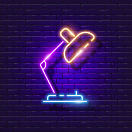 Table lamp neon sign. Office lamp for work glowing icon. Vector illustration for design. Lighting conceptのイラスト素材