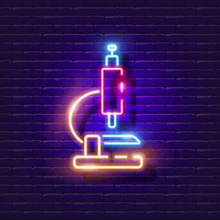 Microscope neon sign. Laboratory equipment glowing icon. Vector illustration for design. Science and research conceptのイラスト素材