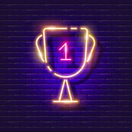 Champion cup neon sign. Victory reward is a glowing icon. Vector illustration for design. Assessment concept.のイラスト素材