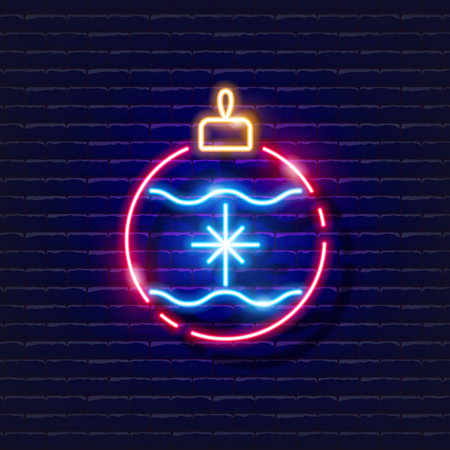 Christmas tree toy neon sign. Glowing Christmas decor icon. New Year and Christmas concept. Vector illustration for designのイラスト素材